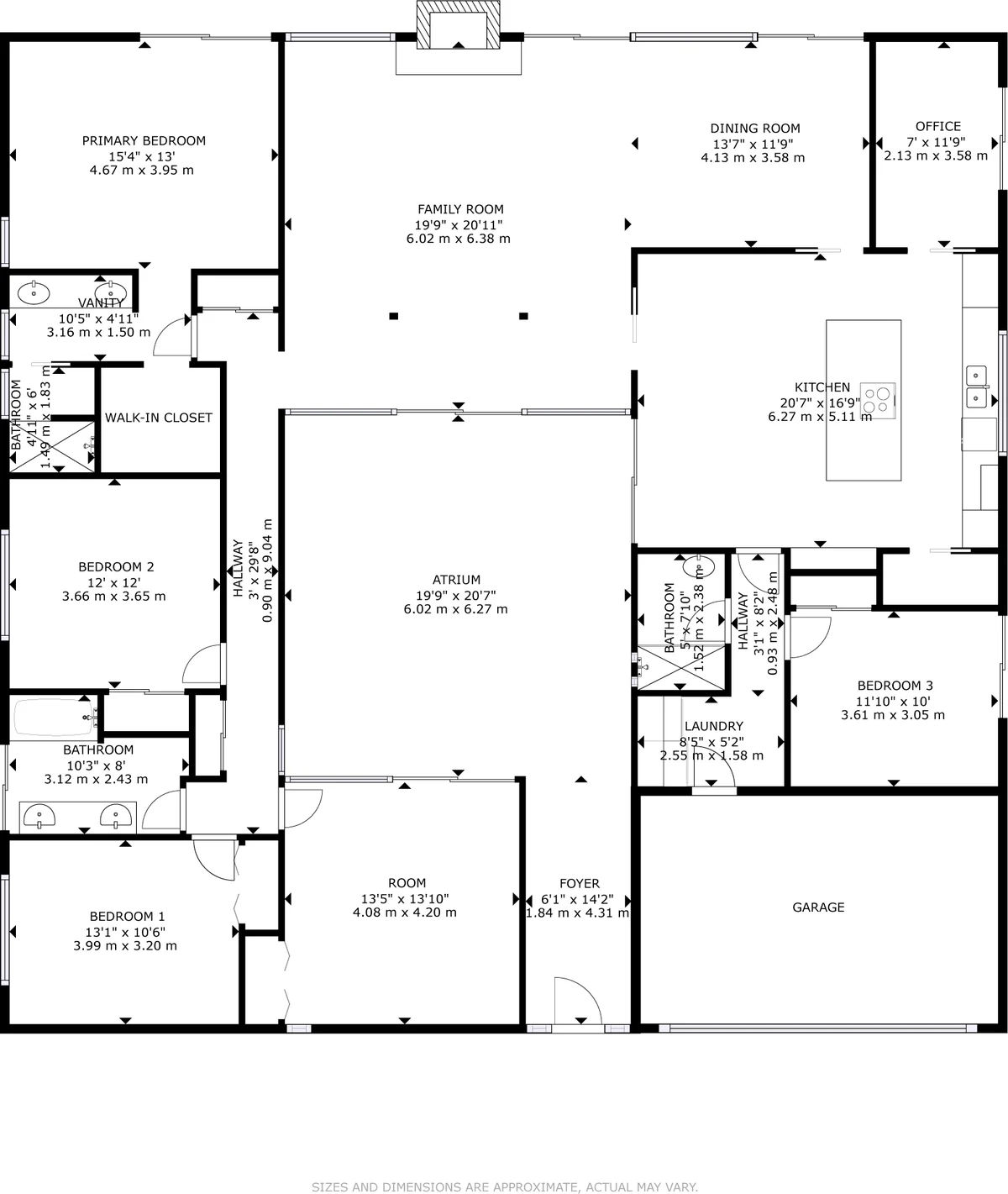 Measured floor plan of 1674 Alexander Way today: rooms arranged around a 19 foot 9 inch by 20 foot 7 inch atrium, with family room, kitchen, office, garage and three bathrooms.