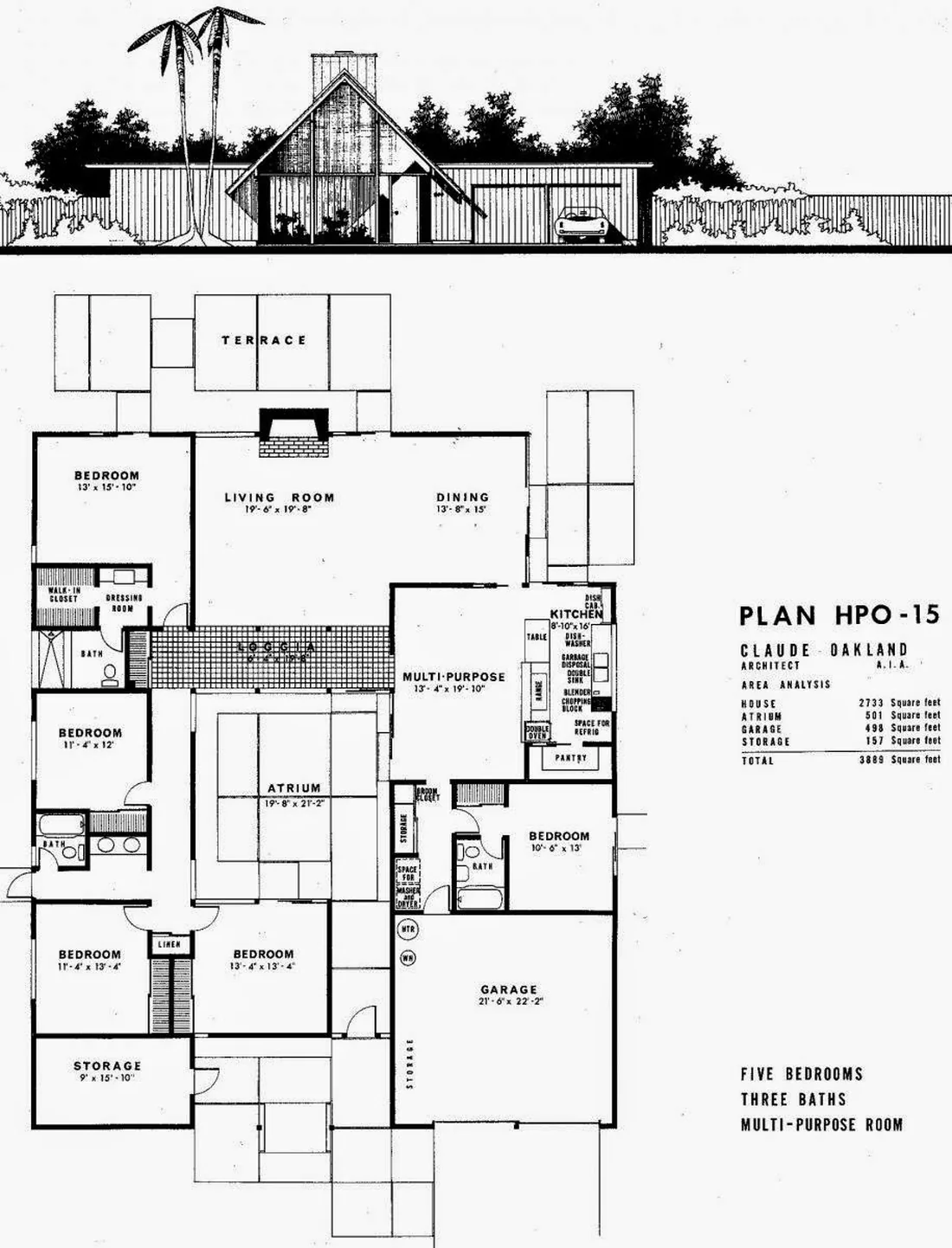 Original Eichler Homes plan sheet HPO-15 by architect Claude Oakland: street elevation above, floor plan below showing five bedrooms wrapped around a 501 square foot atrium, with loggia, multi-purpose room and area analysis.
